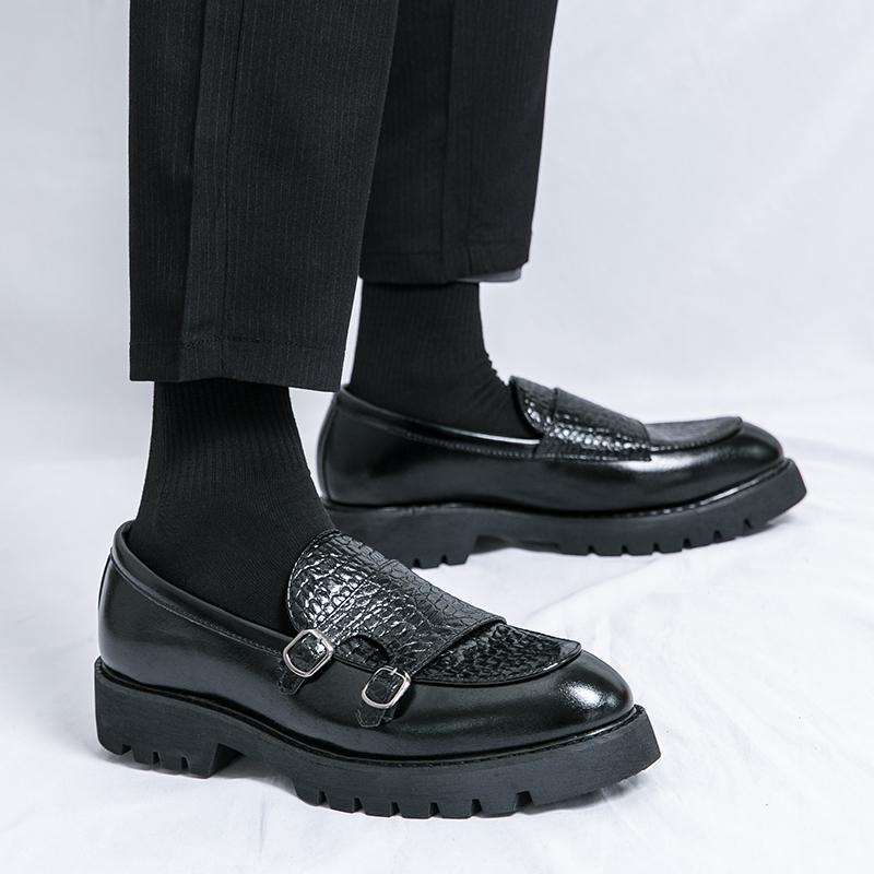 Fashion Round headed men's loafers Fashionable double buckle design style Wedding party outdoor trendy casual thick soled men's shoes