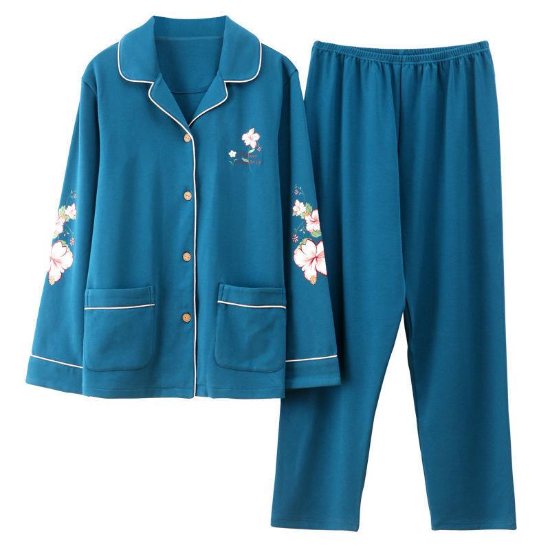 In the Elderly Pure Cotton Pajamas Women's Spring and Autumn Long-sleeved Middle-aged Mother Large Size Cardigan Set Old Lady Loungewear
