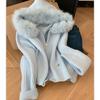 Women's Blue Faux Fur Hooded Knit Cardigan Thick Warm Casual Sweater Coat