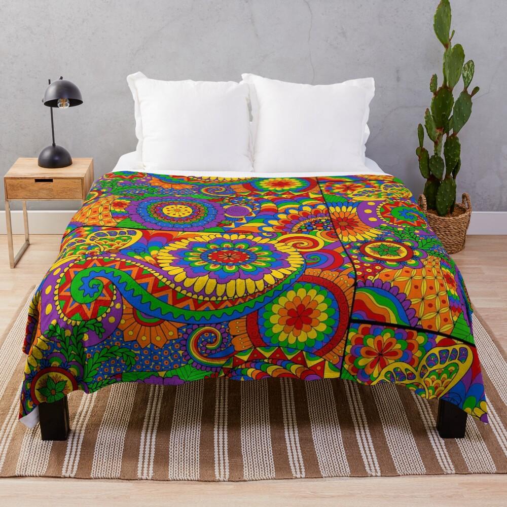 Happy Hippy Psychedelic Rainbow Design Throw Blanket