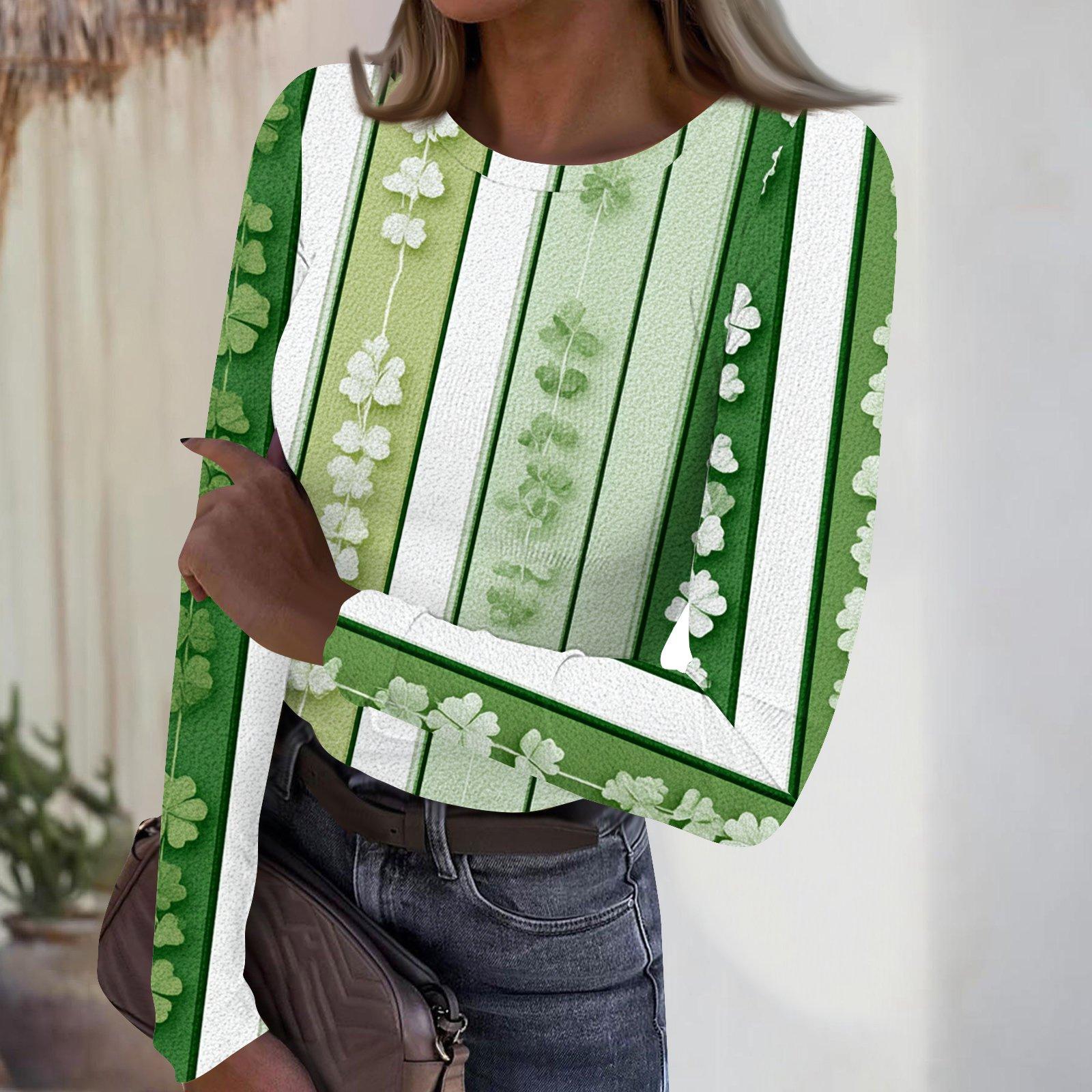 

Women s Casual Fashion Round Neck St. Patrick s Day Print Long Sleeve Ribbed Top S білий