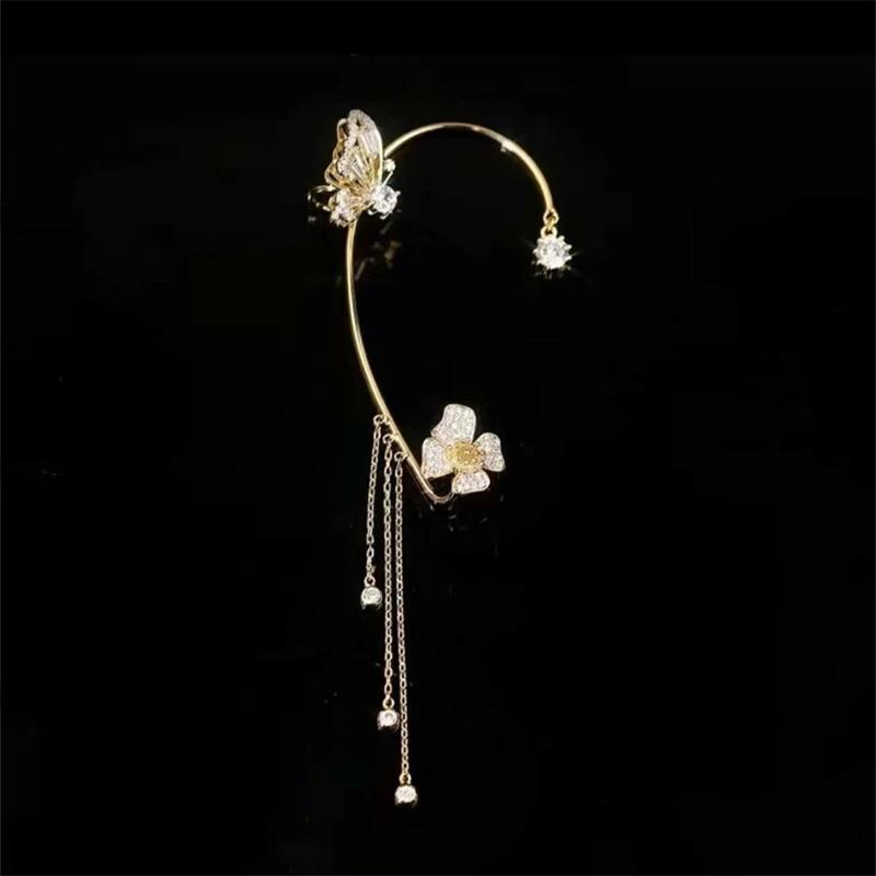 Korean Sparkling Zircon Flower Butterfly Ear Cuff Without Piercing Tassel Clip Earrings for Women Simple Ear Clip Fine