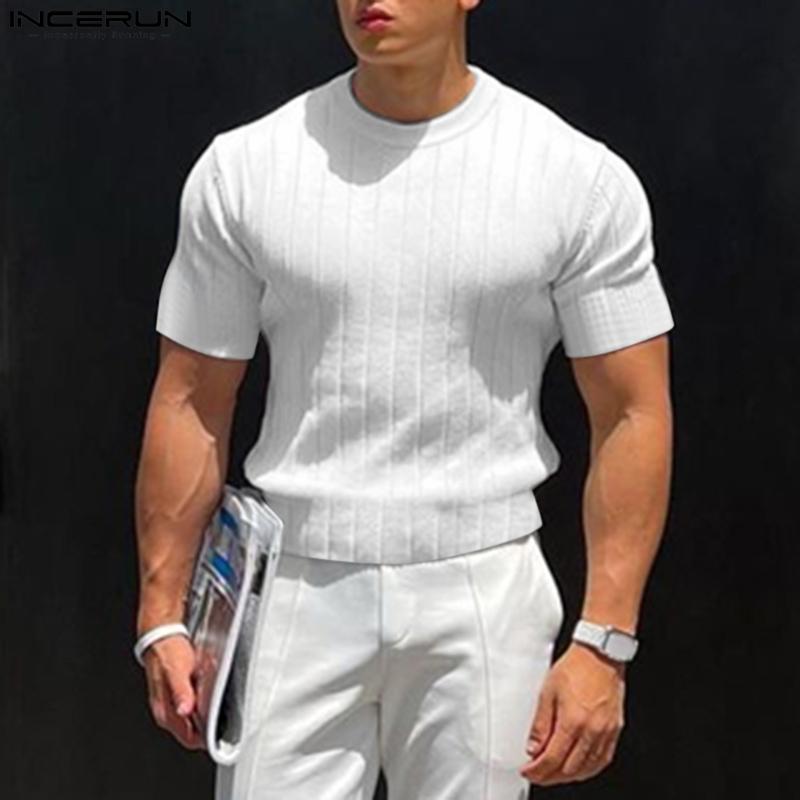 INCERUN Summer Spring Solid Color Men Slim Tops