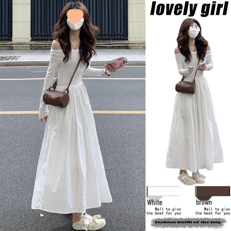 

Elegant 2026 French One-Shoulder White Dress, High-Quality Texture, Long Sleeves, Perfect for Early Autumn M