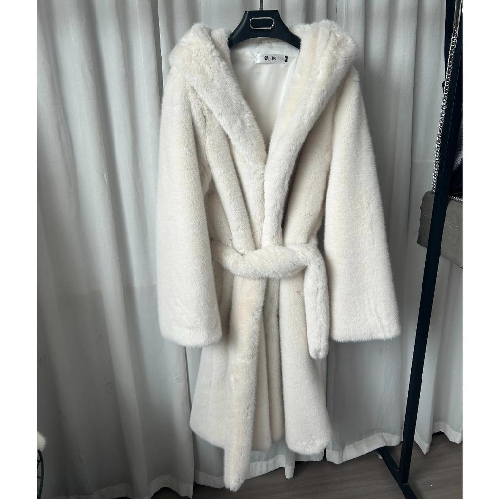 Damen Kunstpelz Lange Mäntel Mit Kapuze Übermäntel Schnürung Langarm Offene Masche Dicke Lockere Jacken Elegant Herbst Winter