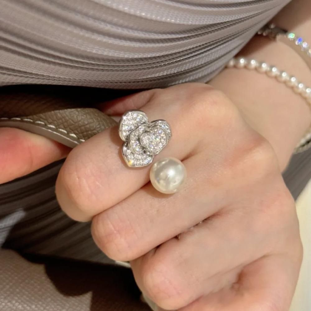 Open Ring Pearl Camellia Flower Elegant Rose Gold Ring for Women Fashion Jewelry