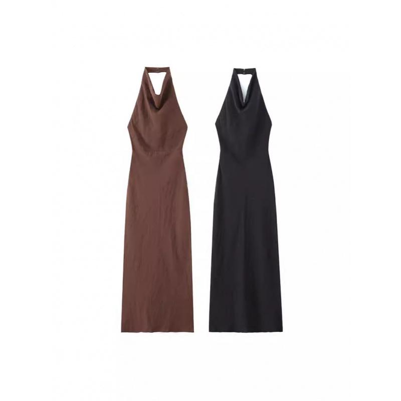 

European & American Women s Sexy Halter Neck Draped Midi Dress - Slimming, Deep Backless Summer Style. L темно-коричневого кольору