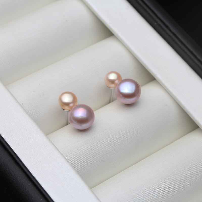 

925 Sterling Silver Stud Earrings with Pearls,Wedding Small Natural Freshwater Double Pearl Earrings For Wife Mother White Black