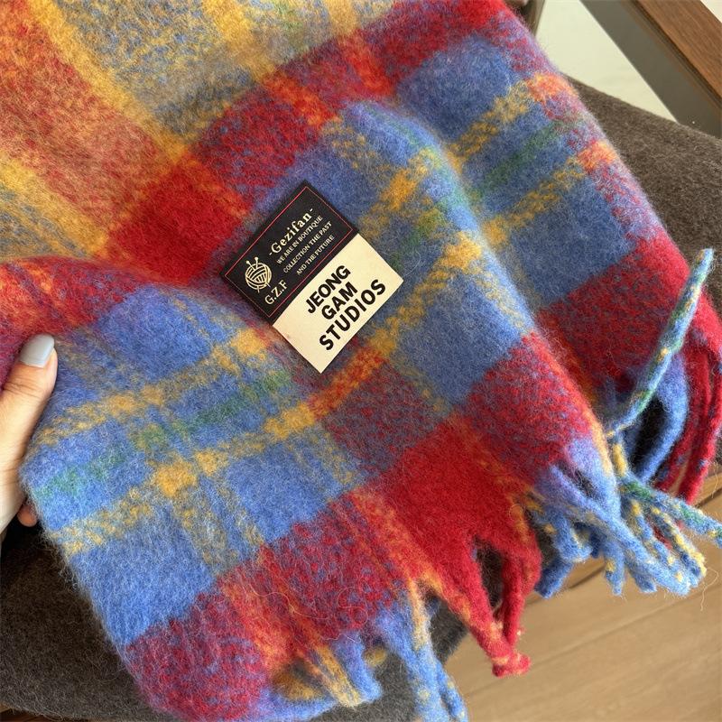 

New autumn and winter warm products, blue extended plaid wool scarf women s warm scarf 220*50cm