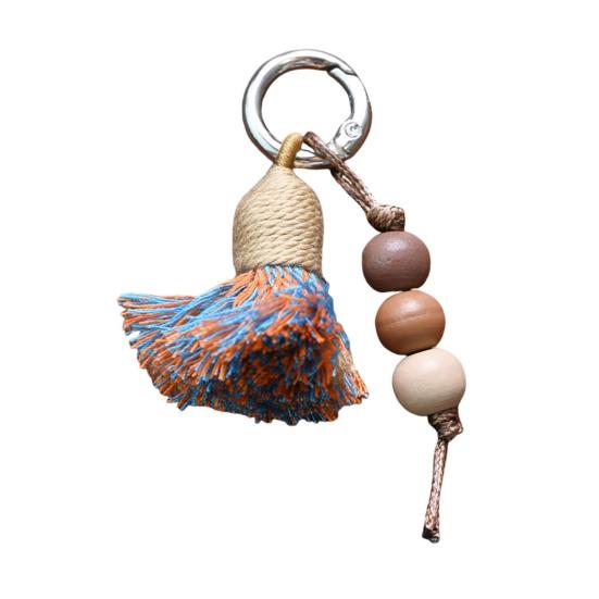

Tibetan Rainbow Tassel Pendant Keychain with Natural Wood Beads Ethnic Style Bag Charm Shoe Decoration with Metal Ring Buckle Small
