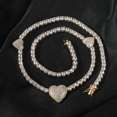 Cross-border Trendy 5A Grade Zircon 4mm Hip Hop Cuban Chain Necklace for Both Men Women Heart-shaped Clasp Silver 18K Gold