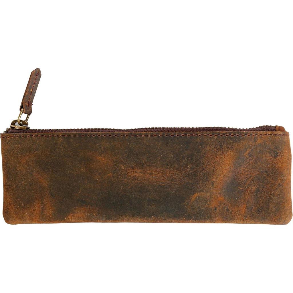Leather Pen Pencil Case, Zip Pouch, Accessories Holder, Stationery Bag, Classic Handmade Design (Vintage Brown)