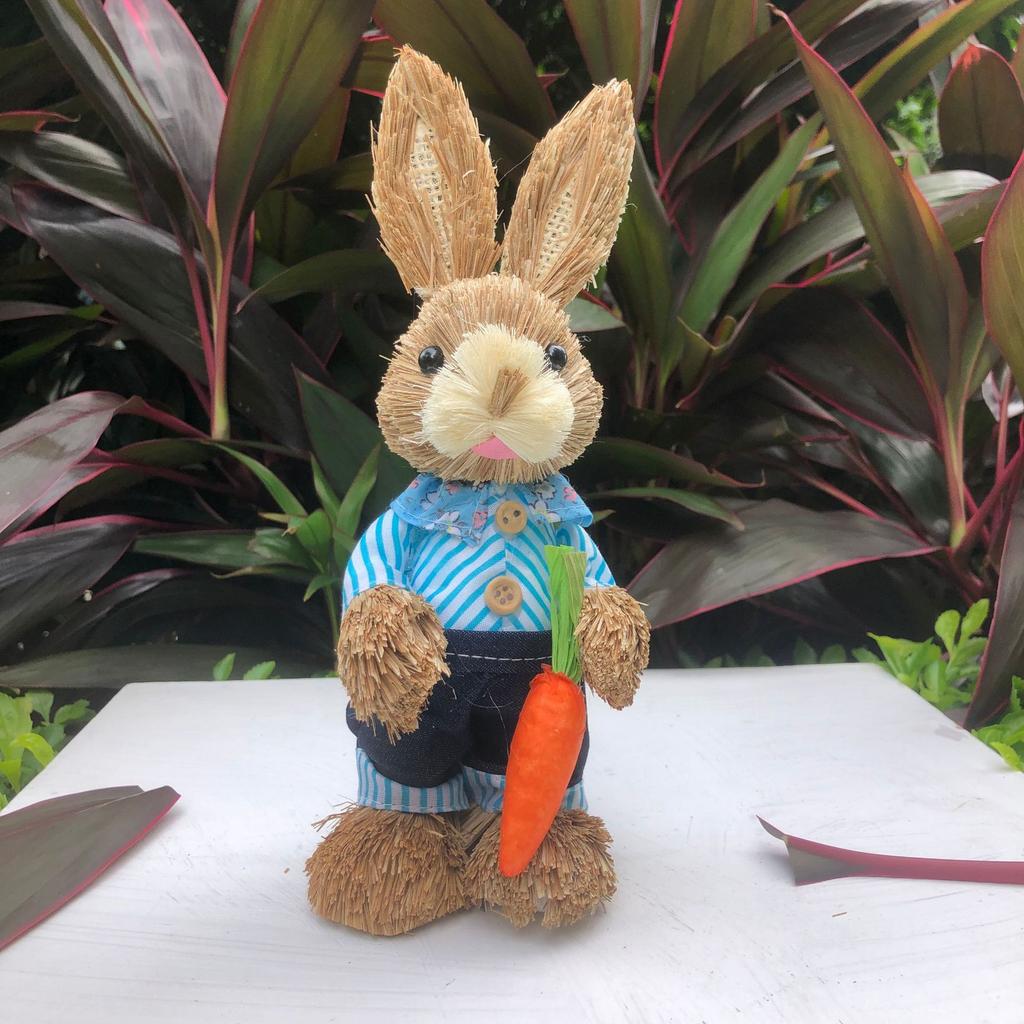 Easter Rabbit Decoration Straw Rabbit Ornament Creative Artificial Bunny Figure 25cm Home Holiday Cute with Flower Wreath