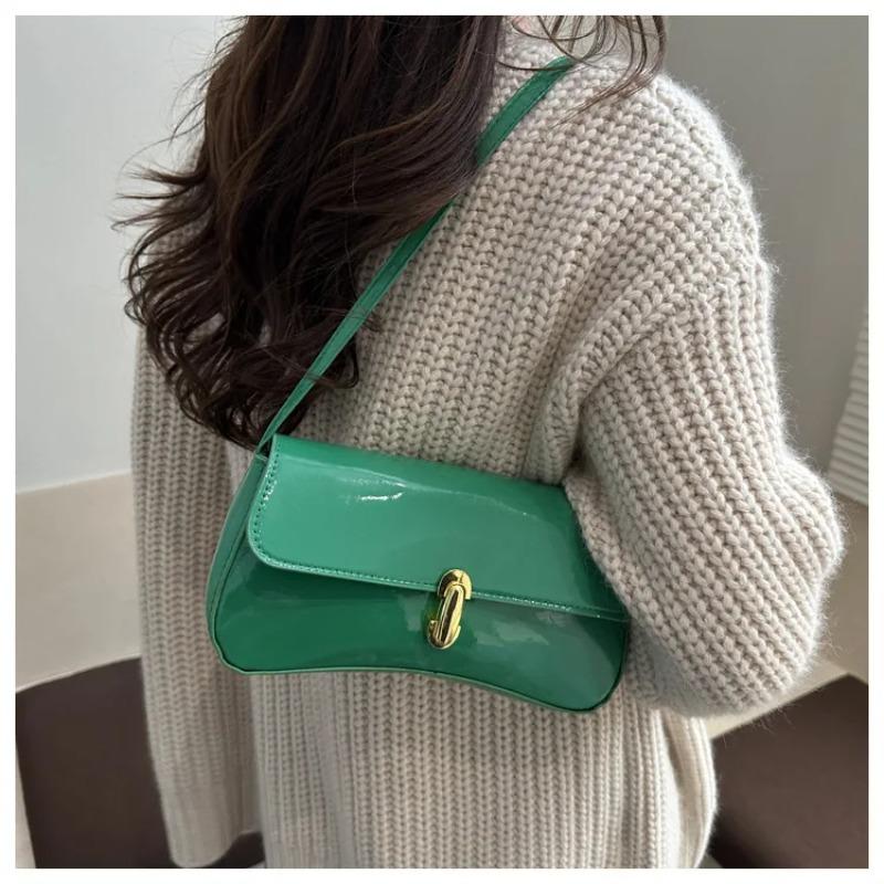 Vintage Glossy Solid Color PU Leather Women's Shoulder Bags Fashi Lock Ladies Underarm Bags Versatile Female Small Square Bag