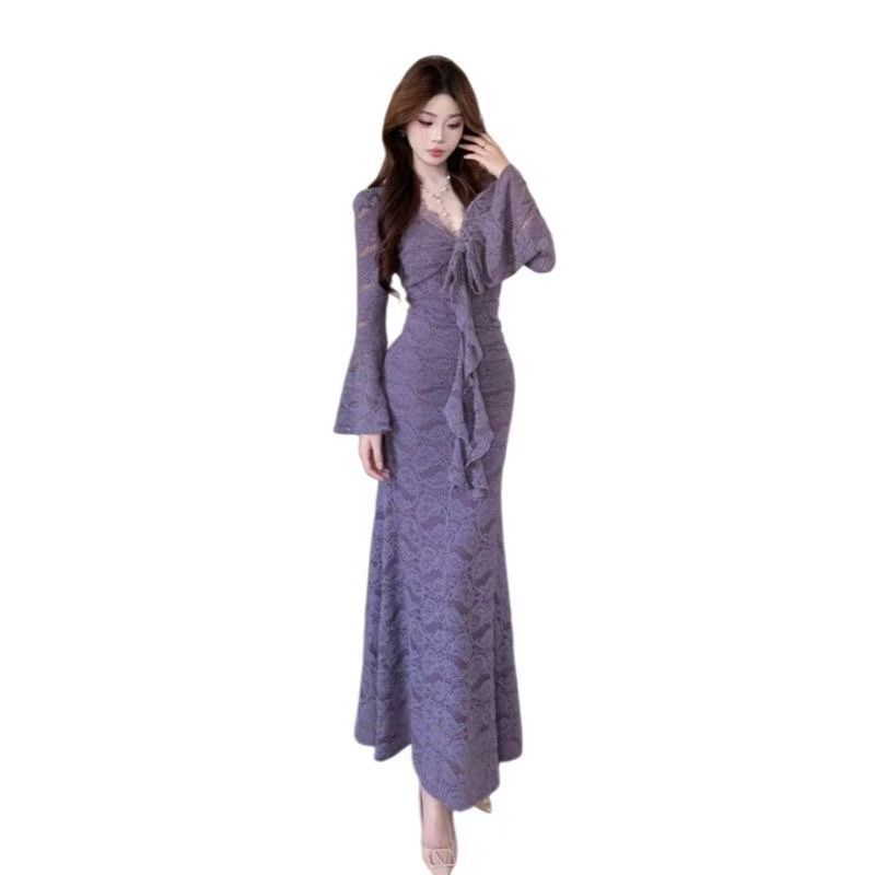 Purple V-neck Lace Dress for Women's Autumn and Winter Tight Figure Long Dress, Socialite Style Sexy Hip Wrap Fishtail Dress