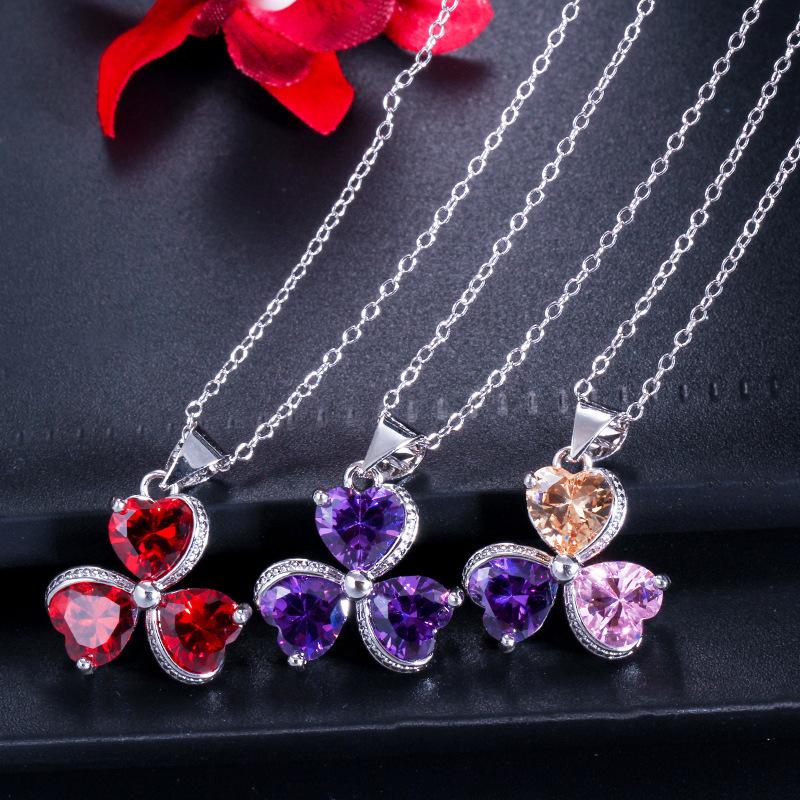 Ki0081 Ensemble Exquis Trèfle Zircon, Boucles d'oreilles, Pendentif Bague Ensemble Trois Pièces