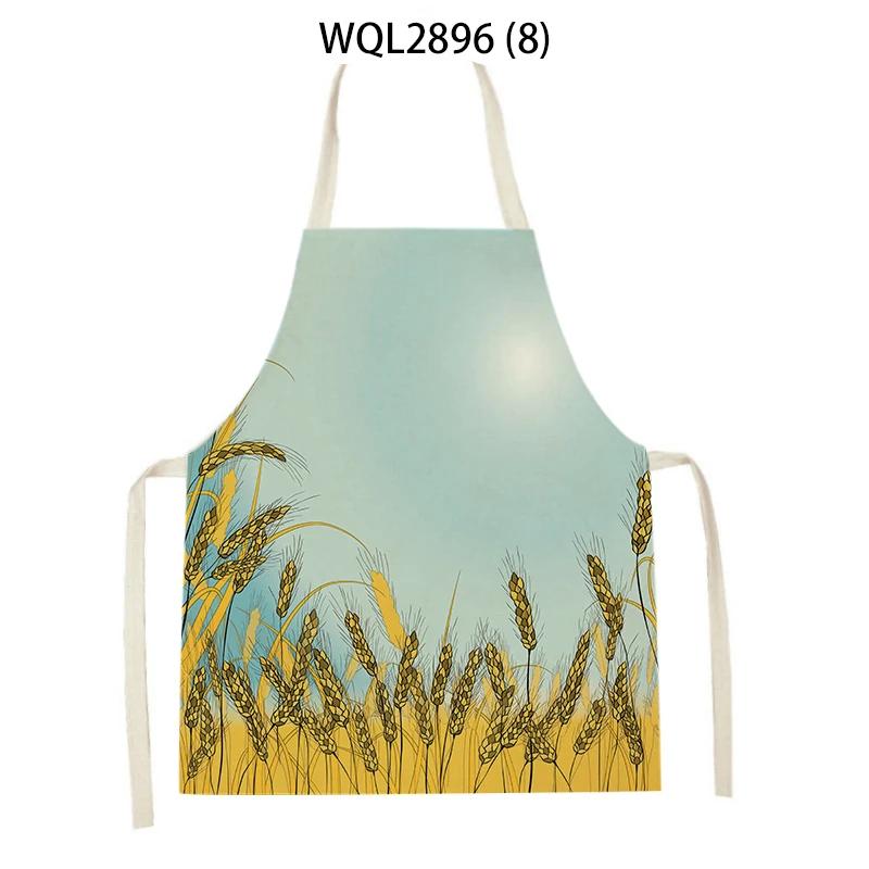Plants Printed Kitchen Aprons Men Women Cooking Cleaning Aprons Wheat Flowers Pattern Linen Waist Apron Baking Accessories