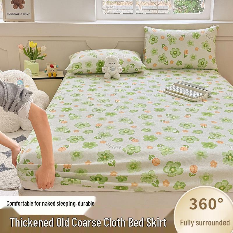 Thickened Coarse Cotton Printed Fitted Sheet Set: Non-Slip, Stain-Resistant, Fully Enclosed Mattress Protector, Three-Piece.