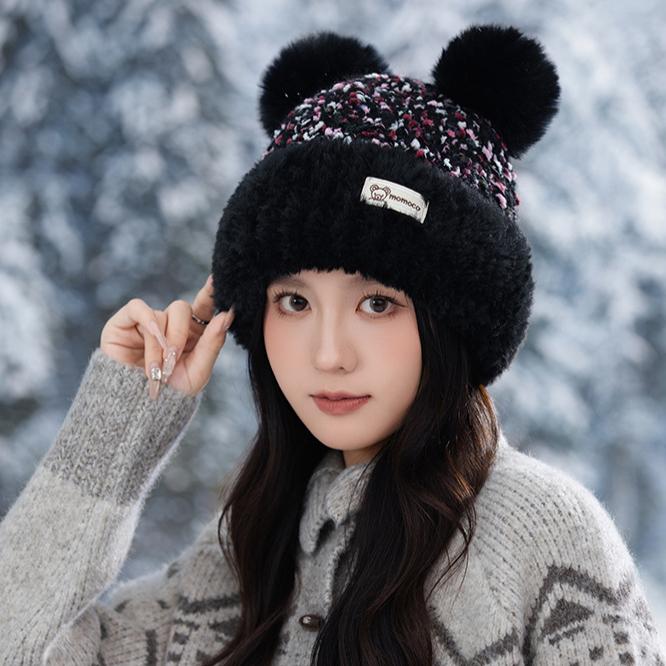 Autumn and Winter Hat Women's Cute Ears Big Head Circumference Wool Hat Fashionable Velvet Warm Knitted Hat