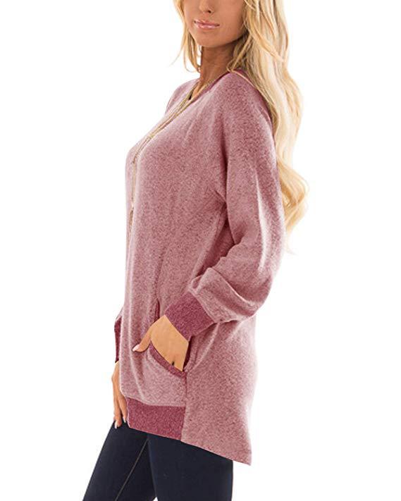 Sweatshirt à col rond bloc de couleur avec poche pour femme - Manches longues T-shirt décontracté