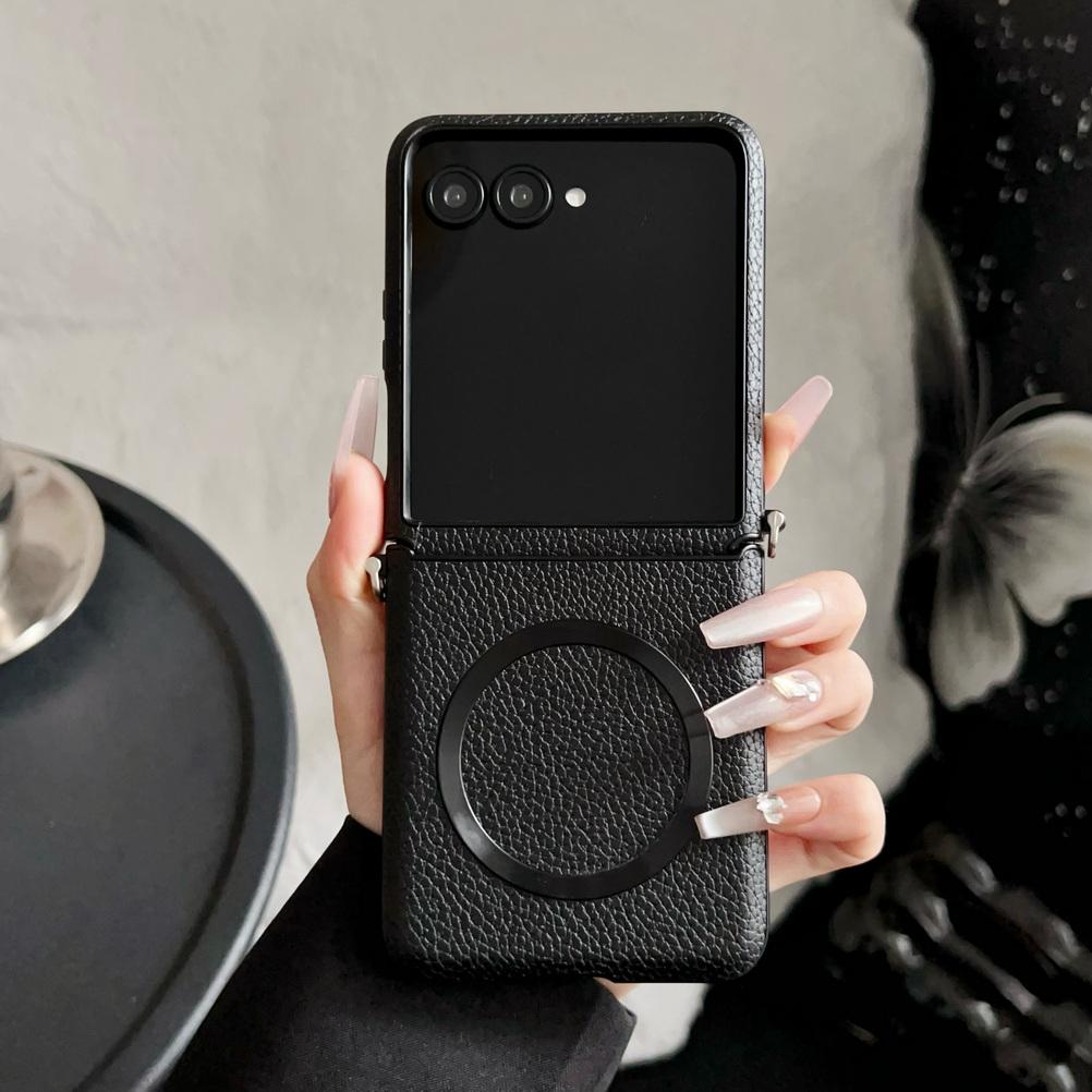 

With Magsafe Magnetic Plain Leather Lychee Phone Case For Moto Razr 50 Ultra razr50 Moto Razr + Camera protect Cover Motorola Razr 50