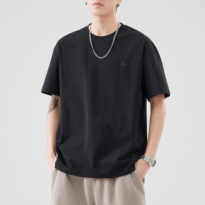 260g Heavy Japanese Loose Ice Silk Embroidered Short-sleeved T-shirt Men's Summer Casual