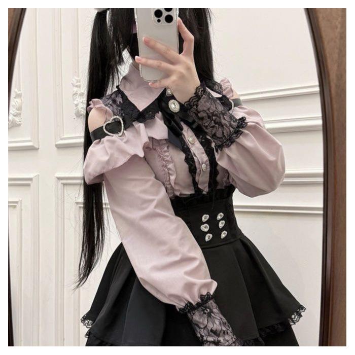 

Japanese lace edge design off-the-shoulder shirt girl sweetheart encounters landmine temperament suit high-waisted skirt XL