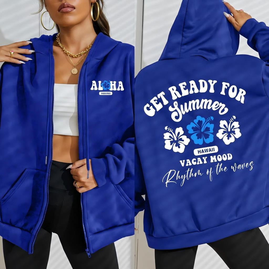 Get Ready For Summer Hawaii Vacay Mood Print Women Zipper Sportswear Street Hoody Loose Casual Hoodies Fleece Soft Clothes