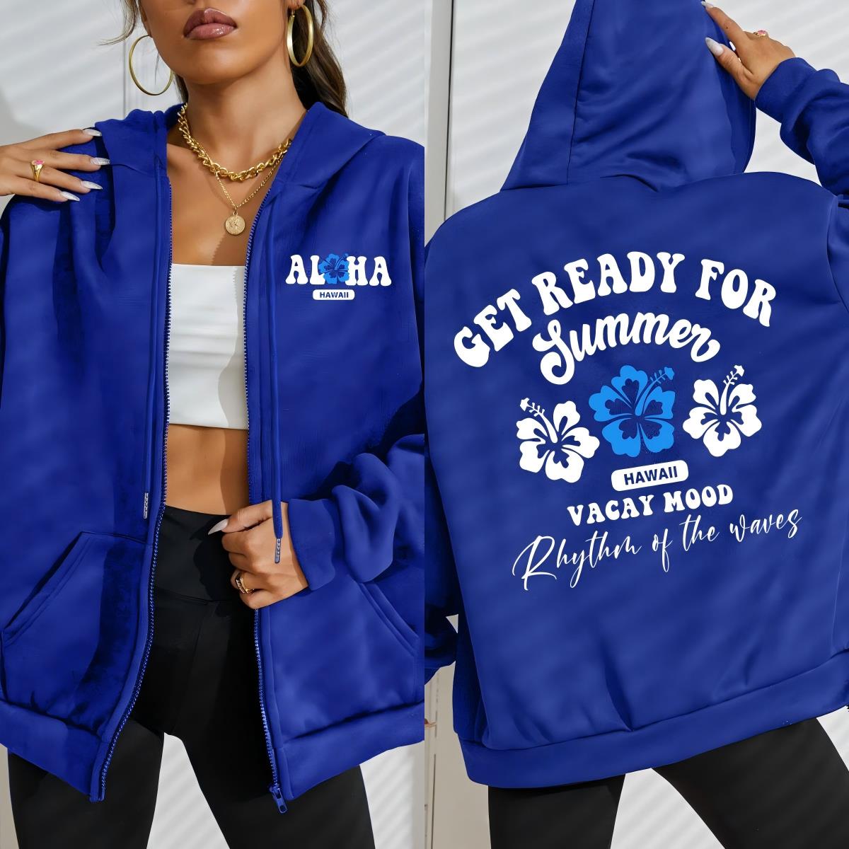 

Get Ready For Summer Hawaii Vacay Mood Print Women Zipper Sportswear Street Hoody Loose Casual Hoodies Fleece Soft Clothes S