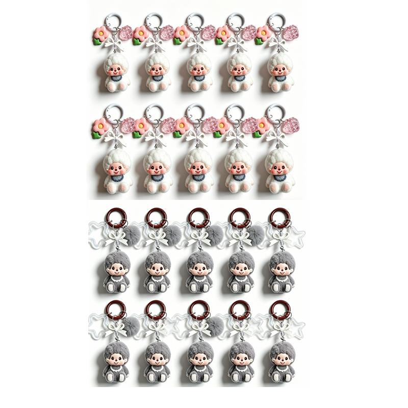 Resin Flocking Monchichi Keychain Cute Monkey Baby Trendy Keyring Cartoon Pendent Keys Bags Hanging Accessories Small Gifts