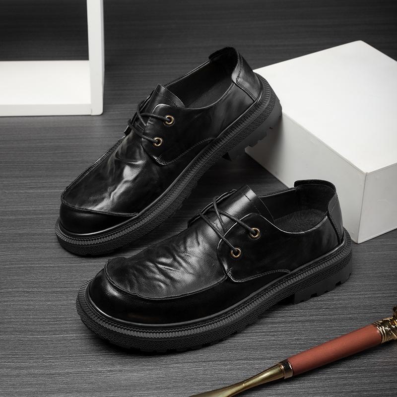 Autumn men's shoes leather round head breathable retro British style casual leather shoes business lace-up platform trend single shoes men
