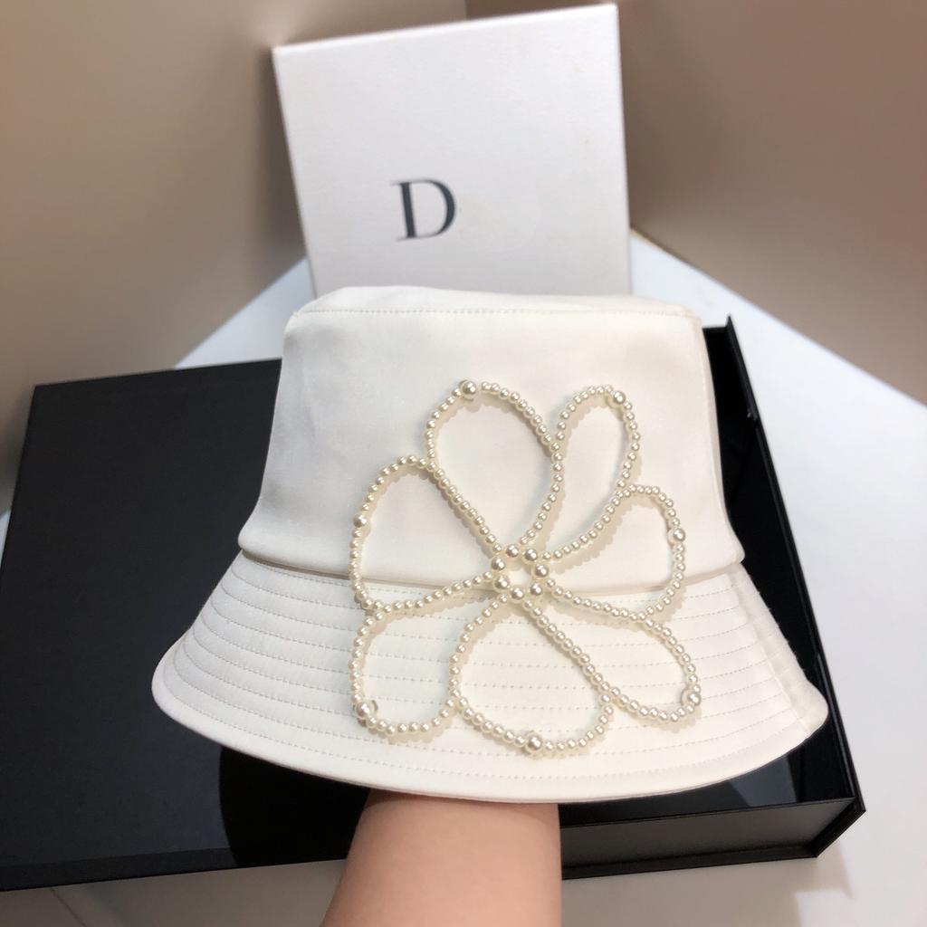 New Acetic Acid Fabric Simulation Silk Bucket Hat Hand-woven Pearl Flower Pot Hat Spring and Autumn Eaves Sunshade