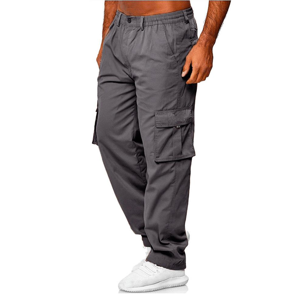 Men Casual Trousers Multi Pocket Cargo Pants Middle Waist Solid Color Loose Clothes Outdoor Sports Long Pants
