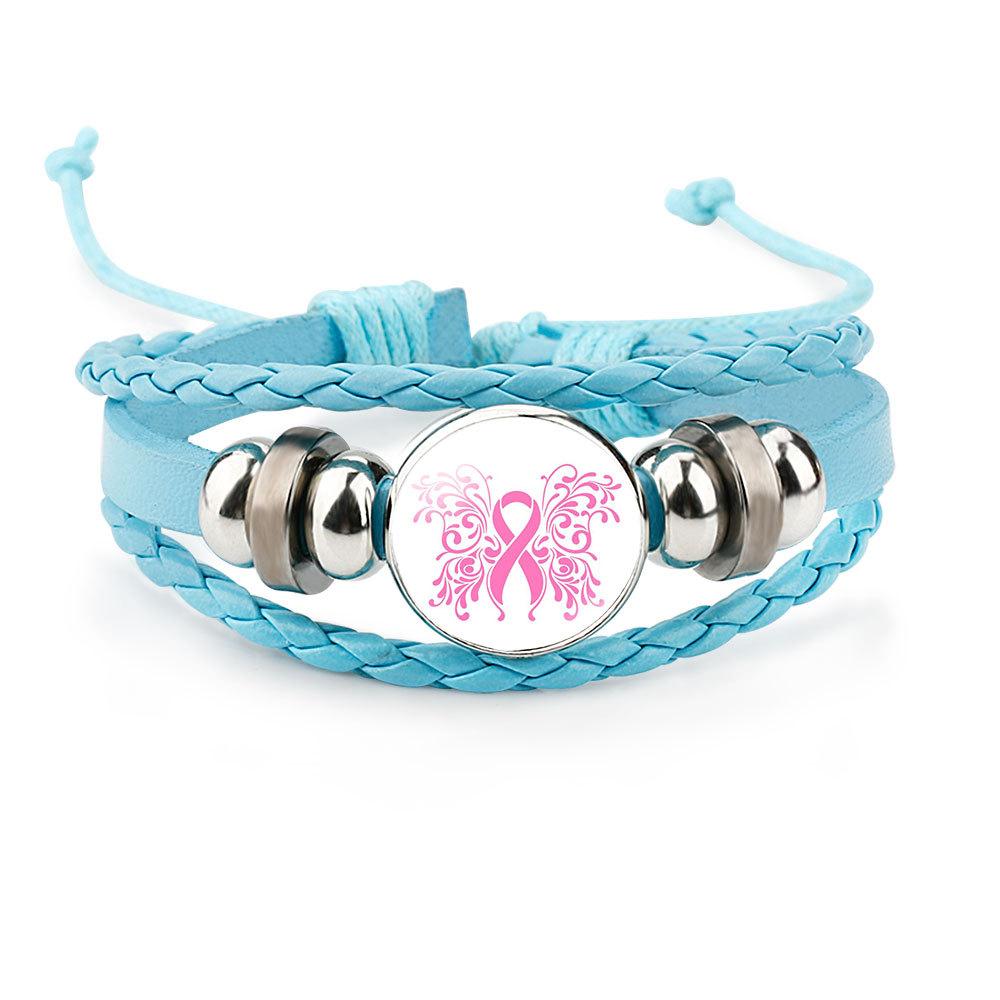 

Breast Cancer Fashionable Awareness Bracelet Handcrafted Leather Crystal Inlay Design Geometric StyleL