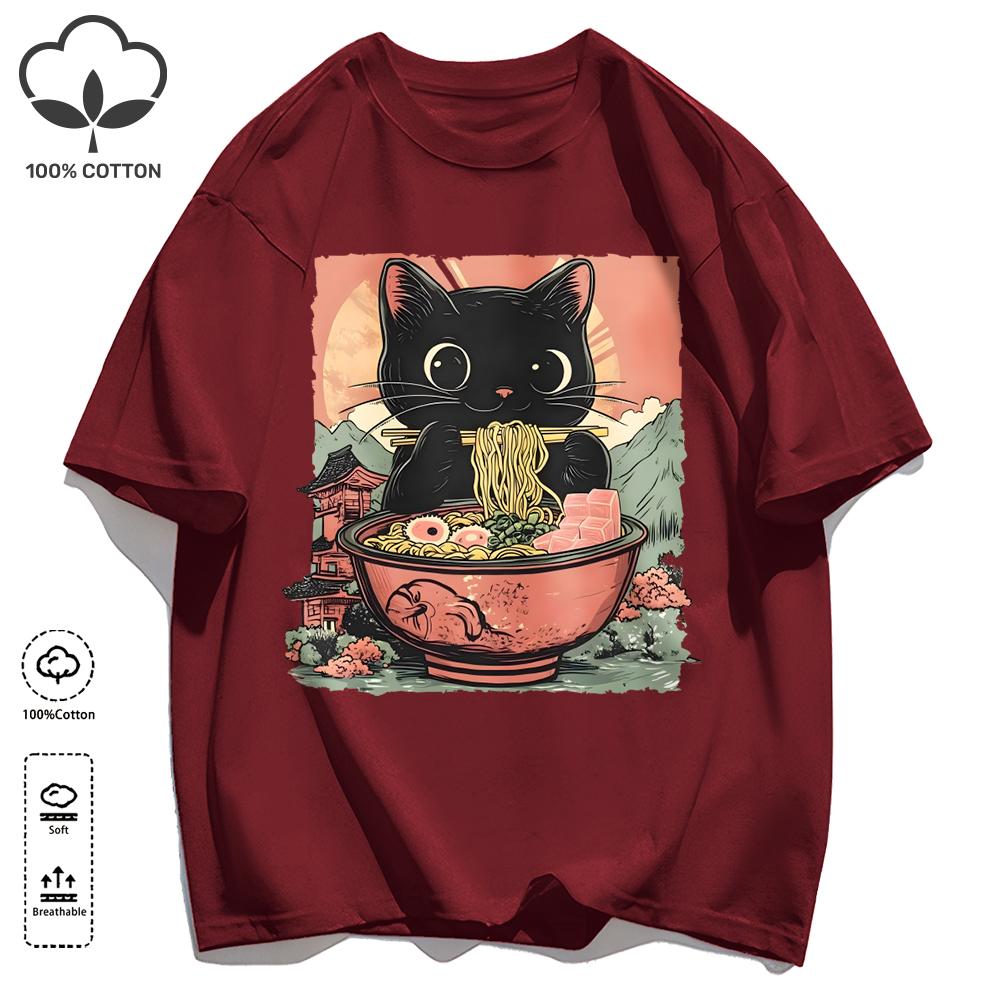 Retro Cats Like To Eat Lamian Noodles Unisex T Shirt Retro Fashion Short Sleeve Summer Comfortable Tee Unisex Cotton Loose Clothing