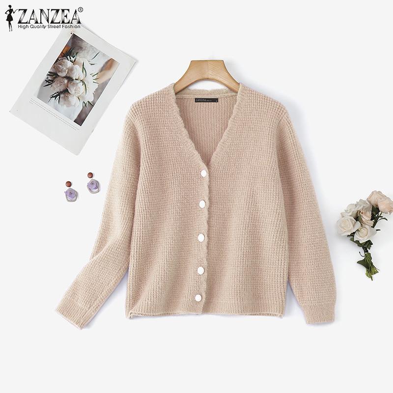 

ZANZEA Осень Элегантные Женские V-образный вырез Длинный рукав Текстура Повседневный Вязаный кардиган One Size хаки