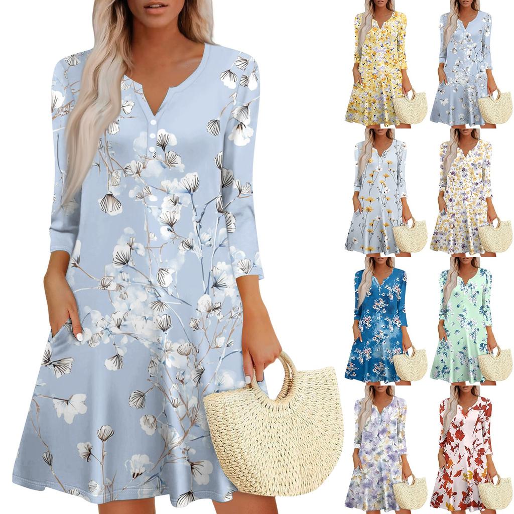 Women's Fashionable V-Neck Button Seven Part Cuff Pocket Floral Dress