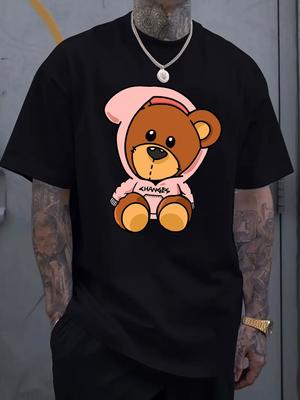 Cartoon Bear Graphic Printed Short-sleeved Cotton T-shirt, Summer Unisex, Casual, Loose-fitting, Clothing for Men and Women