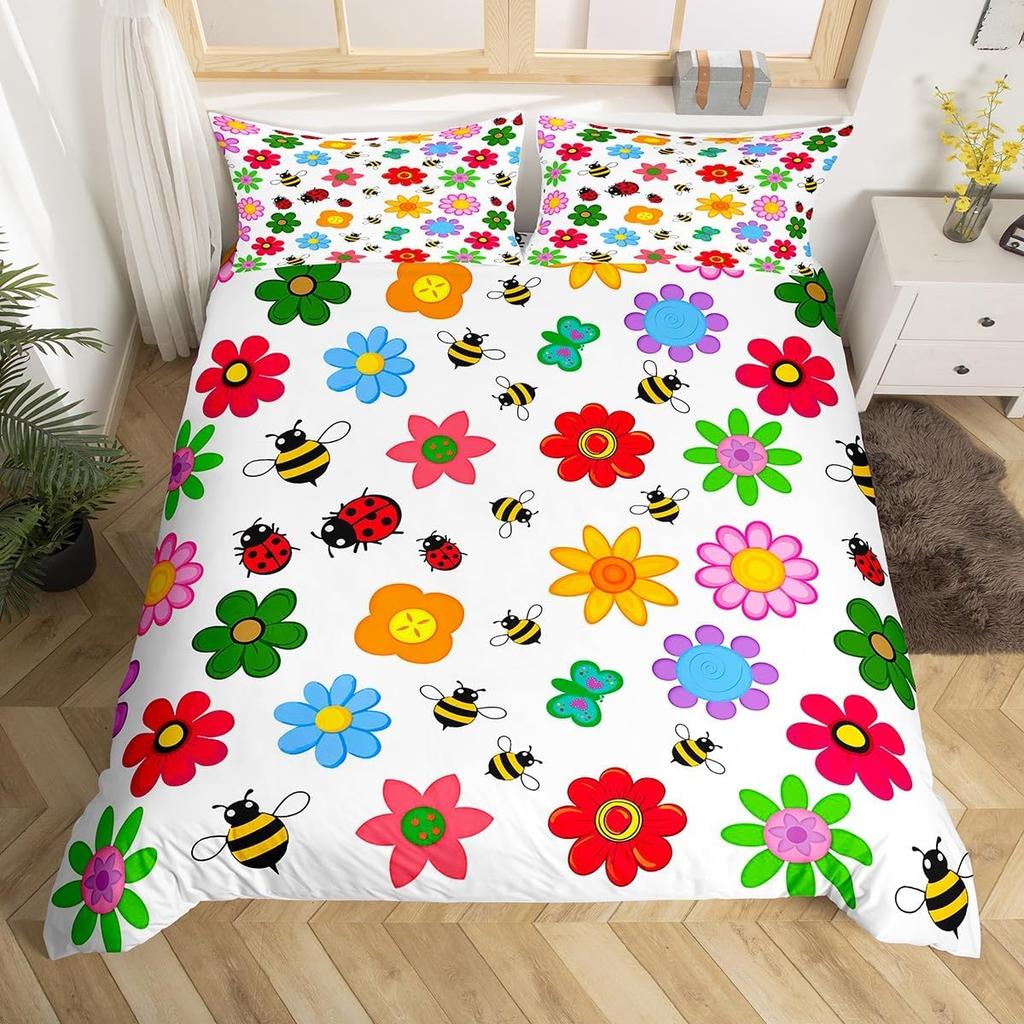 Cute Honeybee Duvet Cover Twin Queen Spring Garden Bedding Set Geometric Honeycomb Hexagon Comforter Cover Wild Animal Bed Set