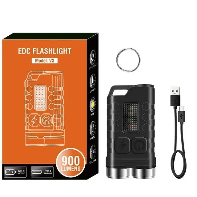 V3 EDC Flashlight Keychain Light 900 Lumens Handheld Portable Super Bright TYPE-C USB Charging Port Emergency Work Camping Light