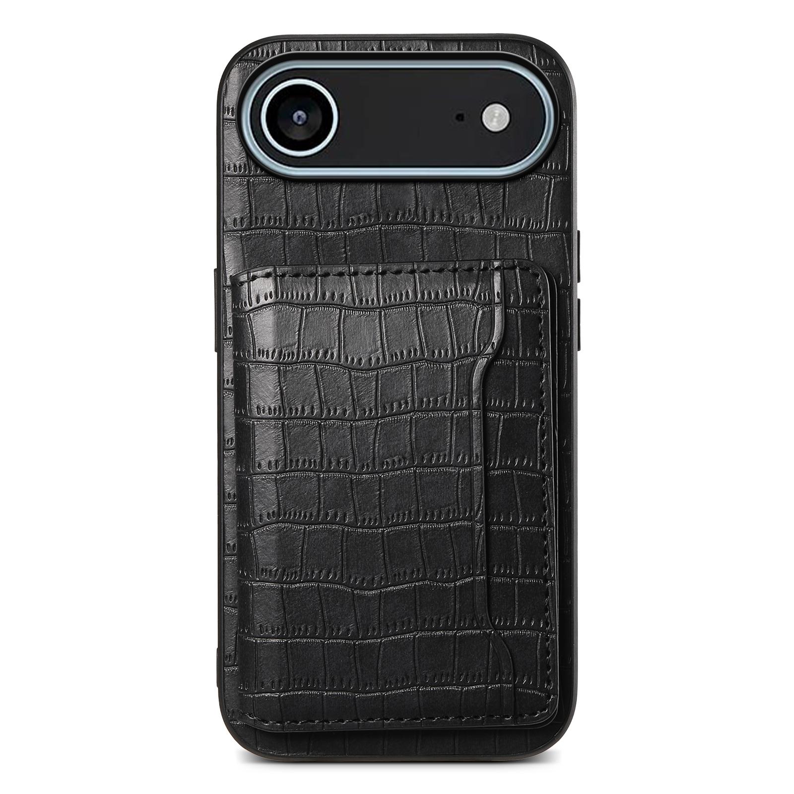 

For iPhone 17 Air Case Card Holder Kickstand Crocodile Texture Leather Back Phone Cover Black