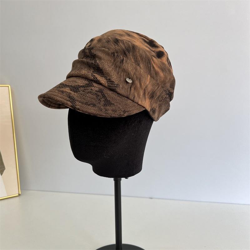 

Осень и зима нишевая мода большая окружность головы кепка модный леопардовый принт плиссированный дизайн тренд кепка газетчика женская M（56-58cm） верблюд