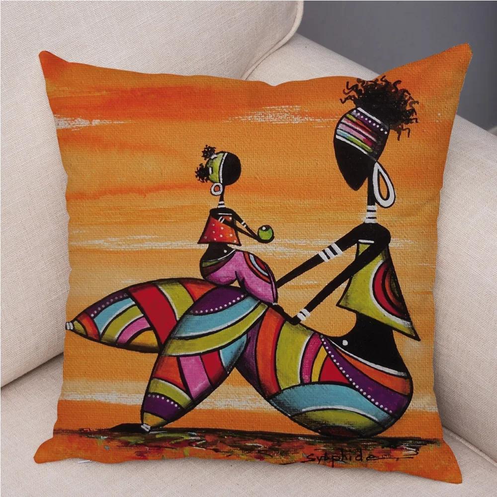 African Woman Soft Plush Cushion Cover for Sofa Home Decor Orange Abstract Painting Pillow Case Africa Life Collection Pillowcae