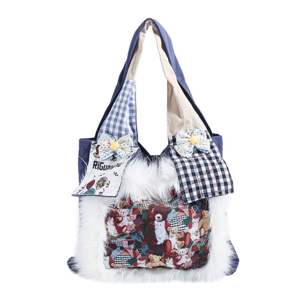 

Bear Pattern Y2k Shoulder Bag Retro Canvas Tote Bag Harajuku Vintage Plaid Handbag Women синий