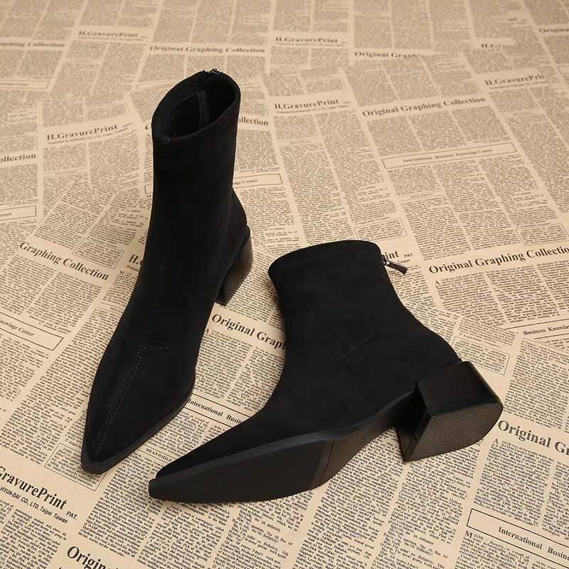 Fashion Autumn Leopard SuedeWomen Ankle Boots Thick Heels Pointed Toe Shoes Modern Short Botas Para Mujer