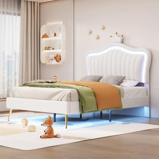 Single Bed Crown Shape Children with Headboard LED Light Heavy Princess Duty Strong Carrying Capacity Girl Bedroom Furniture Upholstered