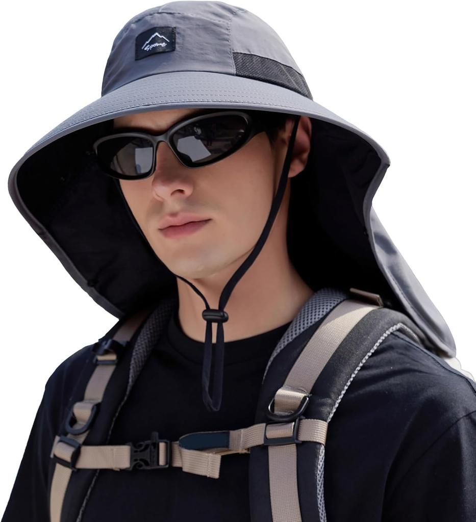Outdoor Sun Hat UPF50+ Wide Brim Mesh Fishing Cap with Neck Flap for Men Women Beach Garden Safari