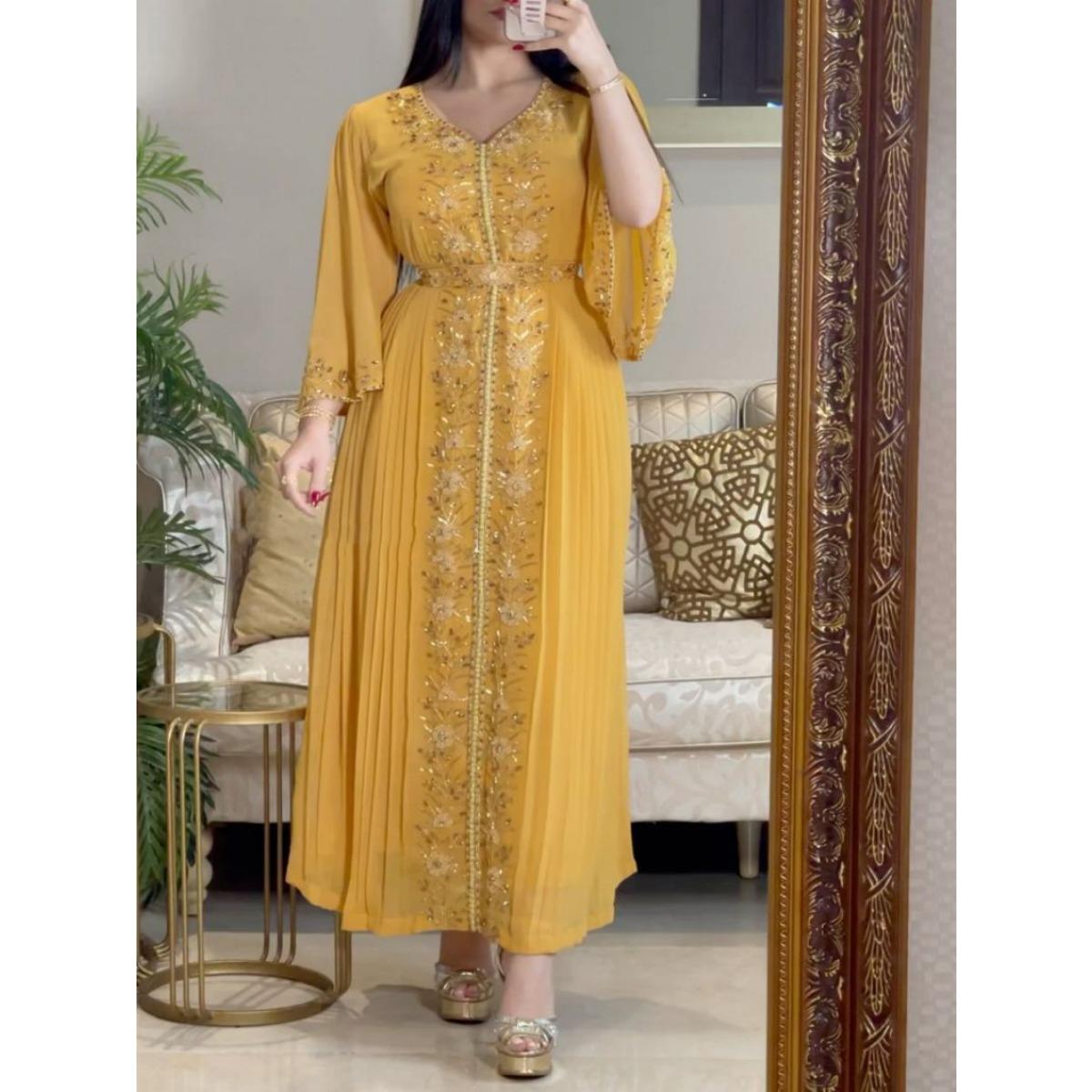 Spring Summer Women s Elegant Embroidered Rhinestone Evening Gown Formal Dress for Crossborder S жёлтый