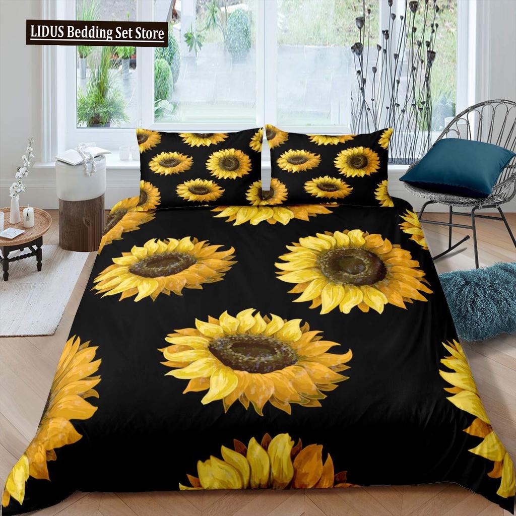Vintage Sonnenblumen Bettbezug Set Buchstaben Bettwäsche Set Buchstaben Und Sonnenblumen Gedruckt Retro Mädchen Queen Size 2/3tlg. Bettdeckenbezug