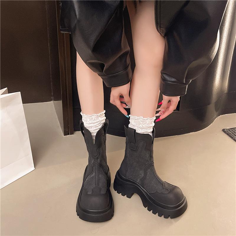 British Martin boots 2025 new French splicing western cowboy boots retro color matching thick-soled medium boots